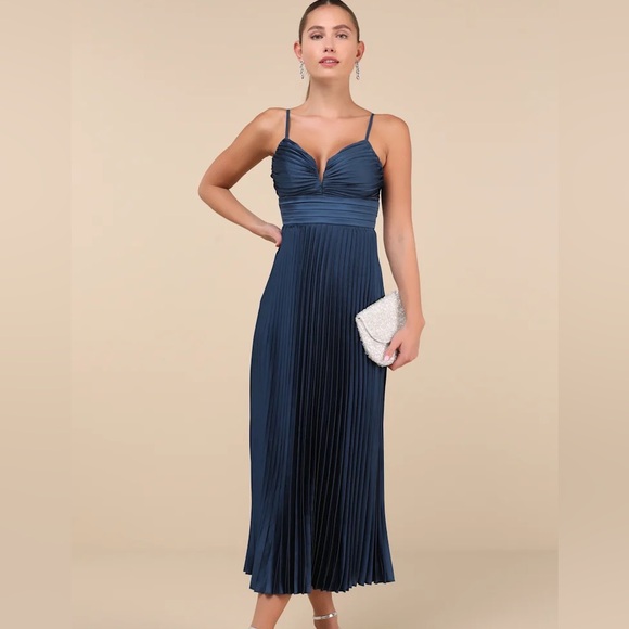 Navy Blue Satin Pleated Mini Dress - Picture 1 of 3